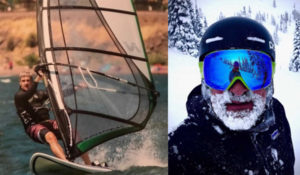Fuel your stoke moments: A collage of the Zeeks Founders. Doug windsurfing on the left. Tom looking at you through his big blue ski goggles in the snow.
