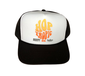 black and white trucker hat with hop tropic logo