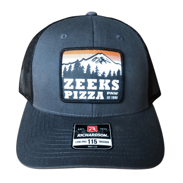 trucker hat with zeeks pizza treeline patch