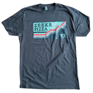 Zeeks Pizza branded tee shirt with horizon logo and '93 in corner on faded black shirt
